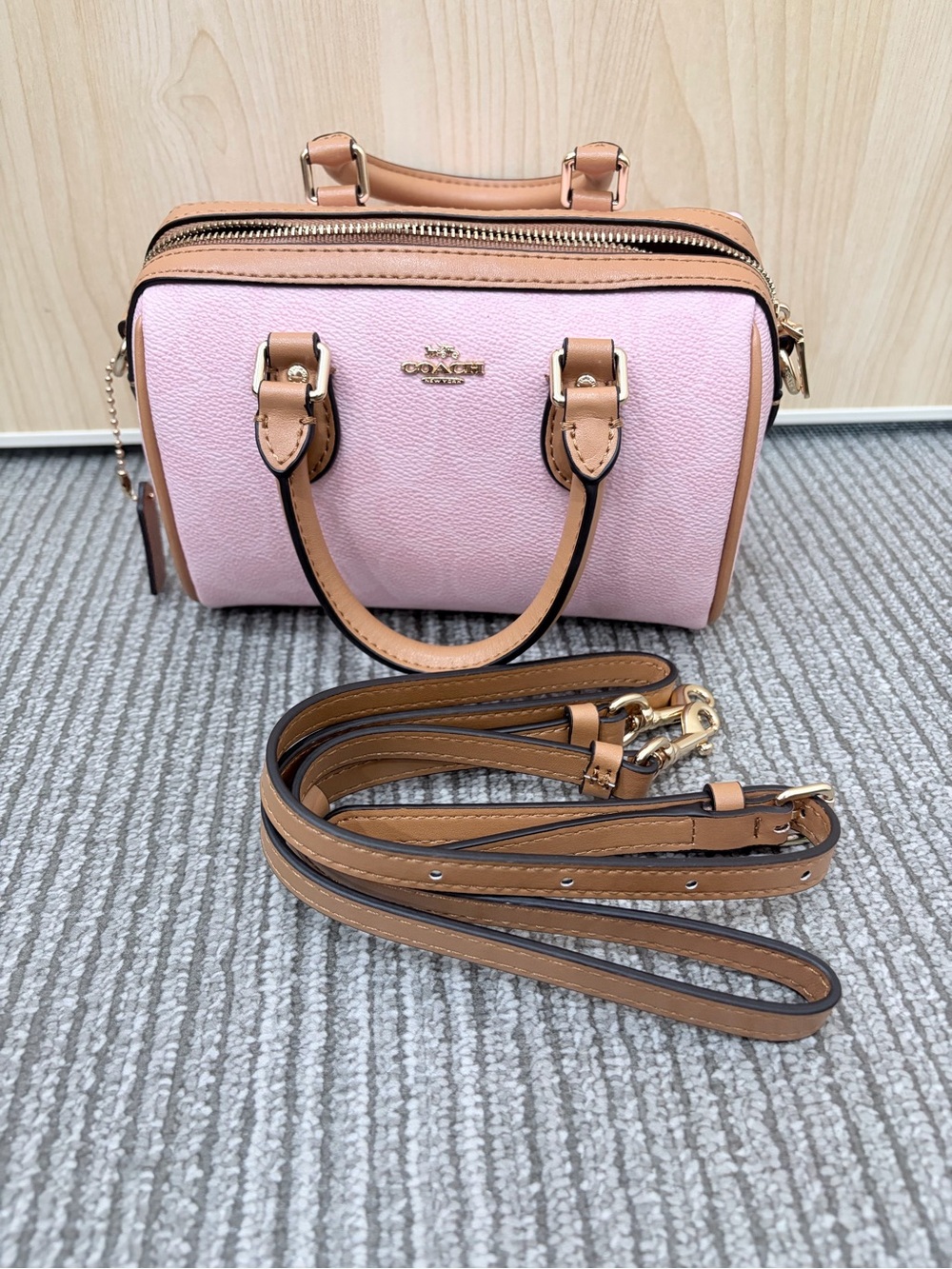 Coach Pink Pebbled Leather Mini Satchel with Tan Trim